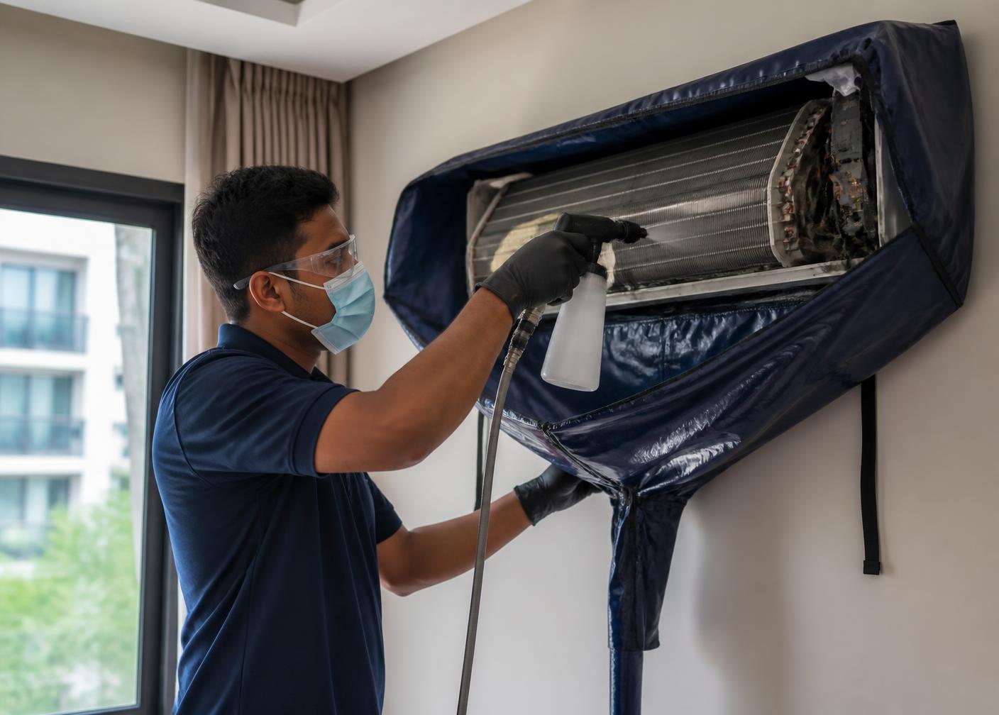 Technician carrying out AC deep and chemical cleaning on an indoor unit