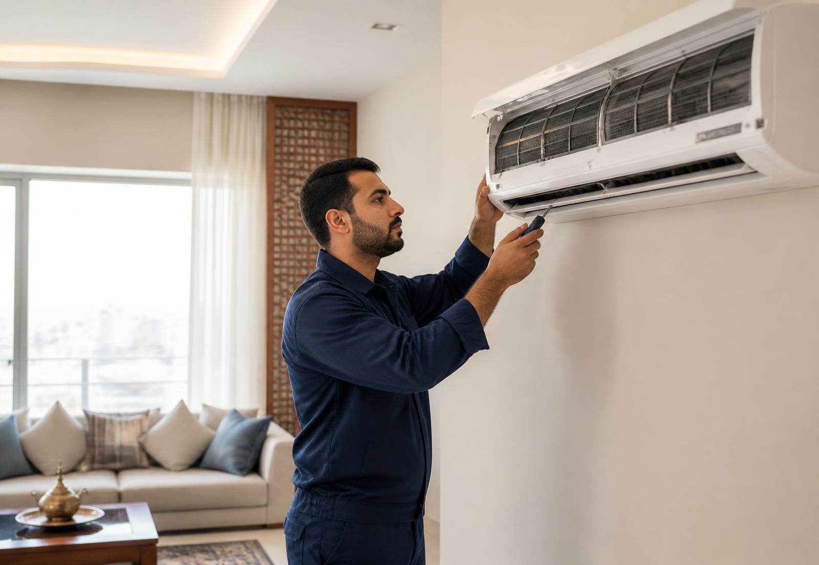 Technician servicing a wall-mounted air conditioner in a modern Sharjah home