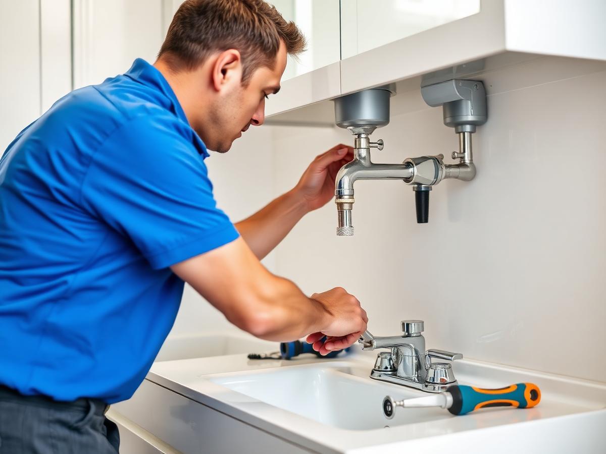 Plumber repairing a bathroom tap fixture during a maintenance visit